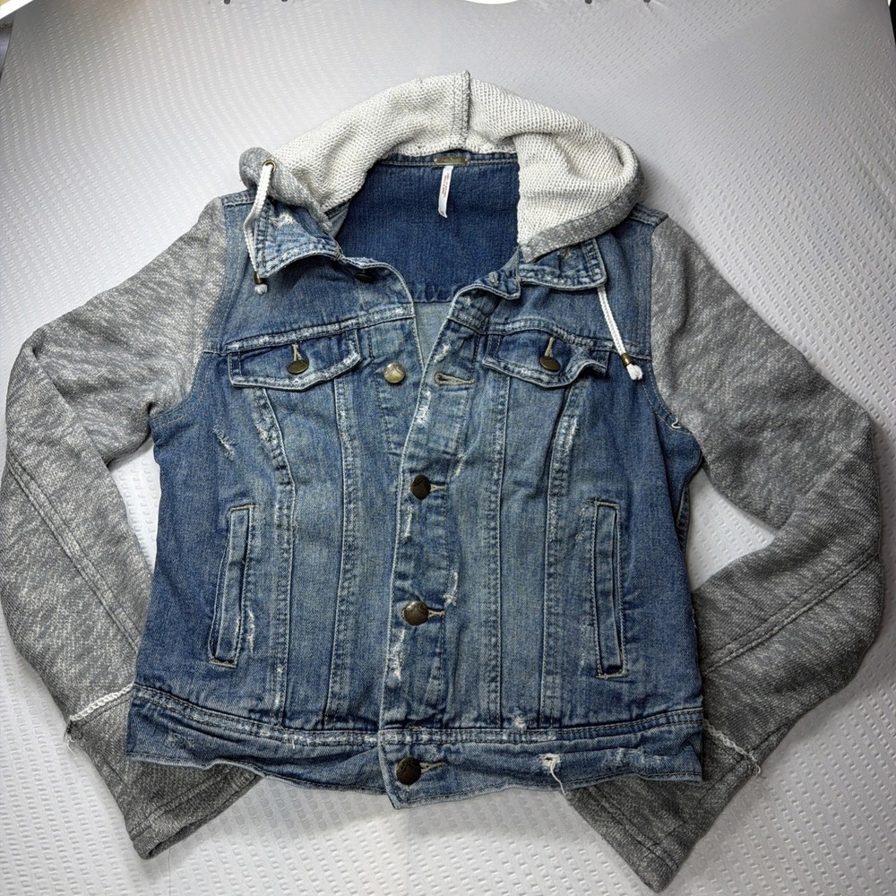 Free People Boho Denim Shacket Womens XS Removable Hood Long Sleeves Indie